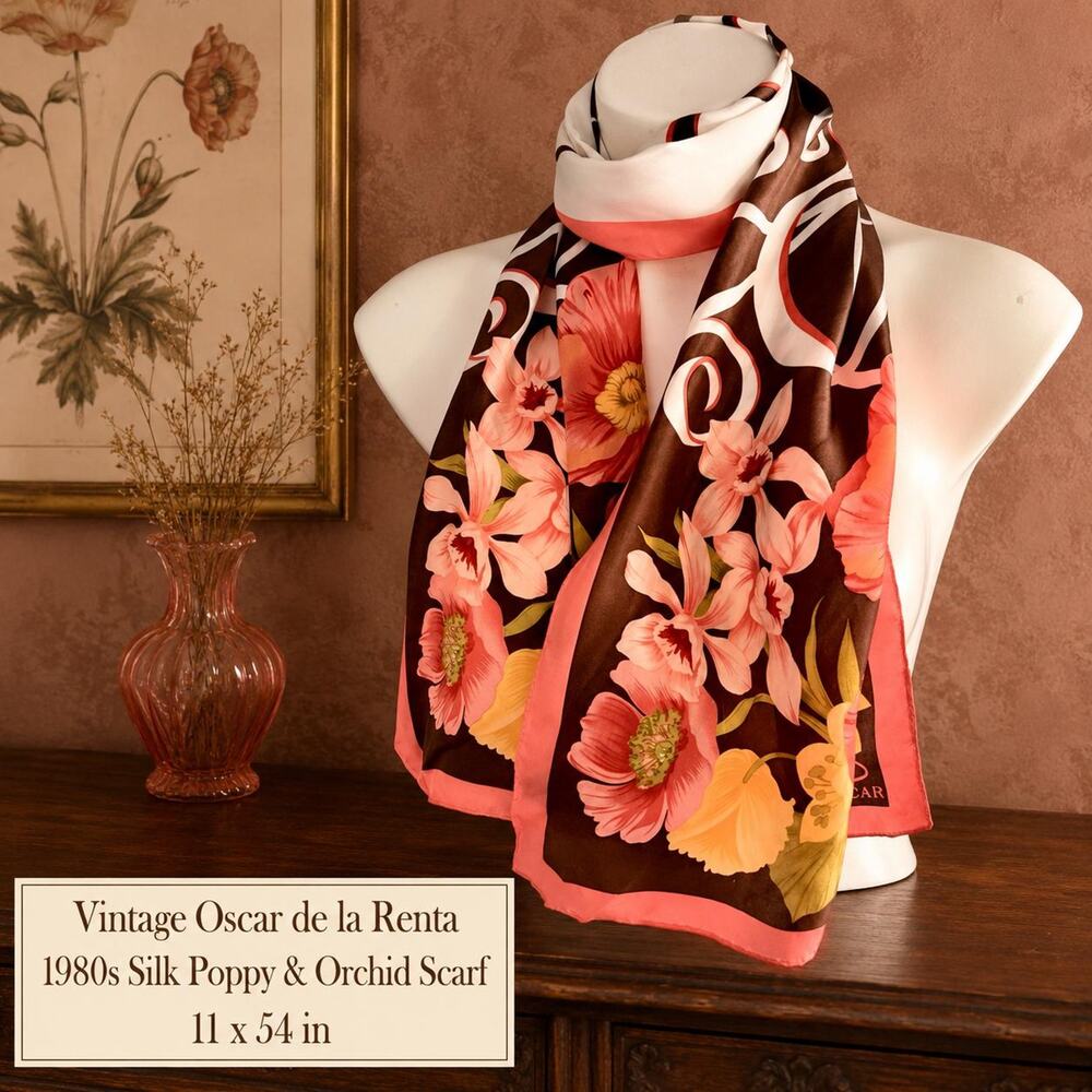 Vintage Oscar de la Renta 1980s Silk Poppy Orchid Scarf Brown Coral 11x54